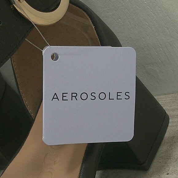 Aerosoles Eliza Black Leather Sandals with Gold Buckle block heel Size 10 W Wide - Picture 9 of 16